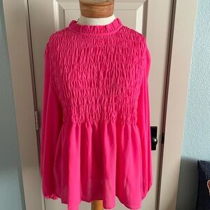 Annie Pink Smocked Blouse with Mandarin Collar